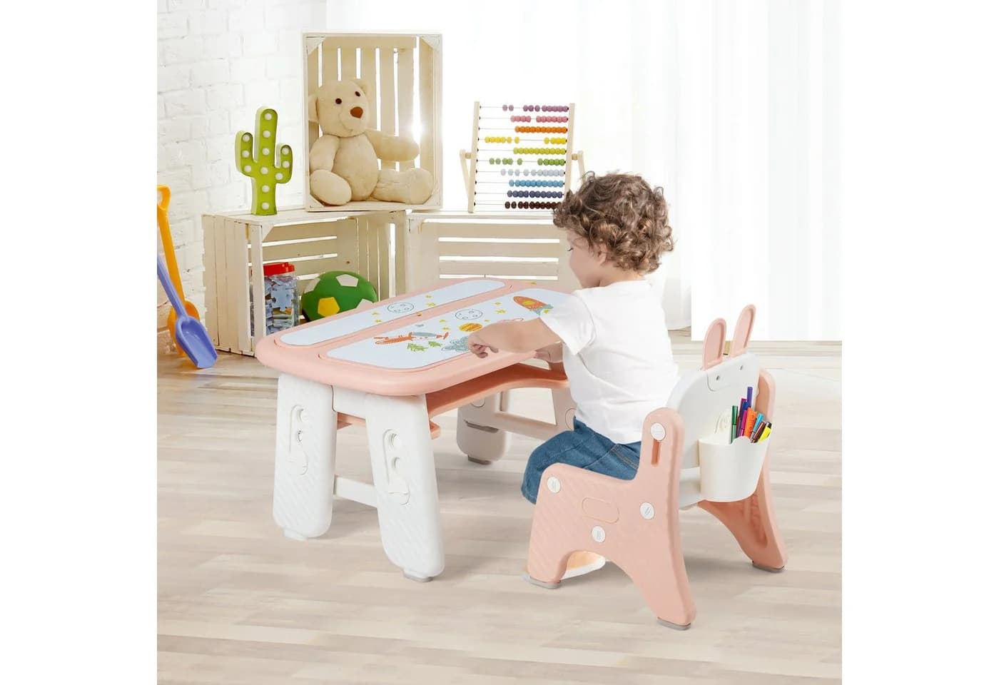 KOMFOTTEU Kindertisch höhenverstellbar Grau/Rosa mit magnetischer Platte
