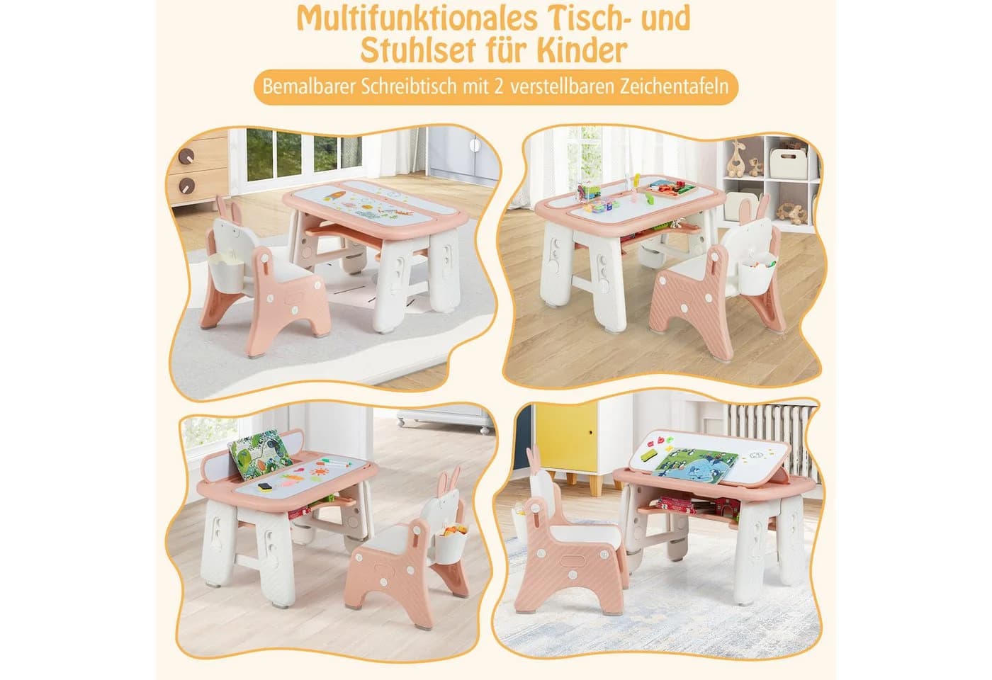 KOMFOTTEU Kindertisch höhenverstellbar Grau/Rosa mit magnetischer Platte - Bild 4