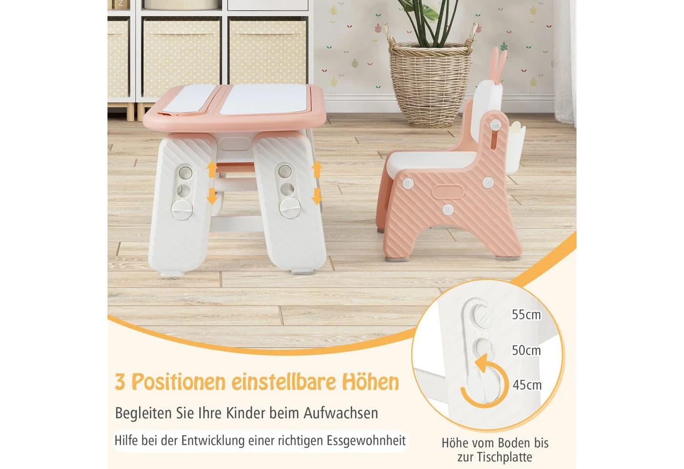 KOMFOTTEU Kindertisch höhenverstellbar Grau/Rosa mit magnetischer Platte - Bild 5