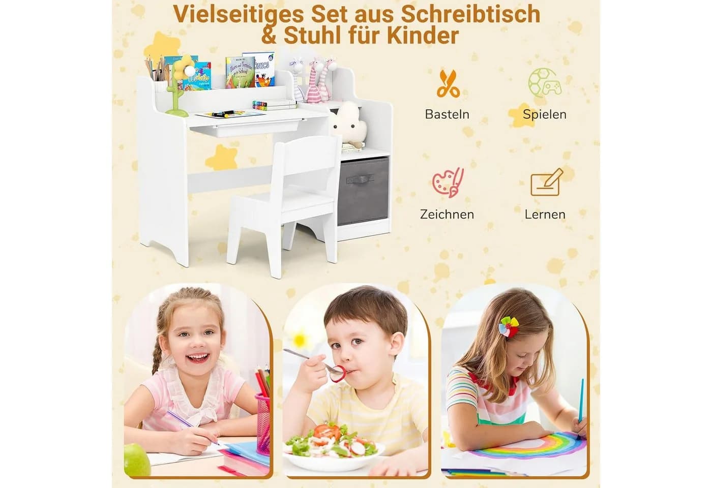 KOMFOTTEU Kinderschreibtisch mit Stuhl, Regalen & Aufbewahrungsfächern - Bild 3