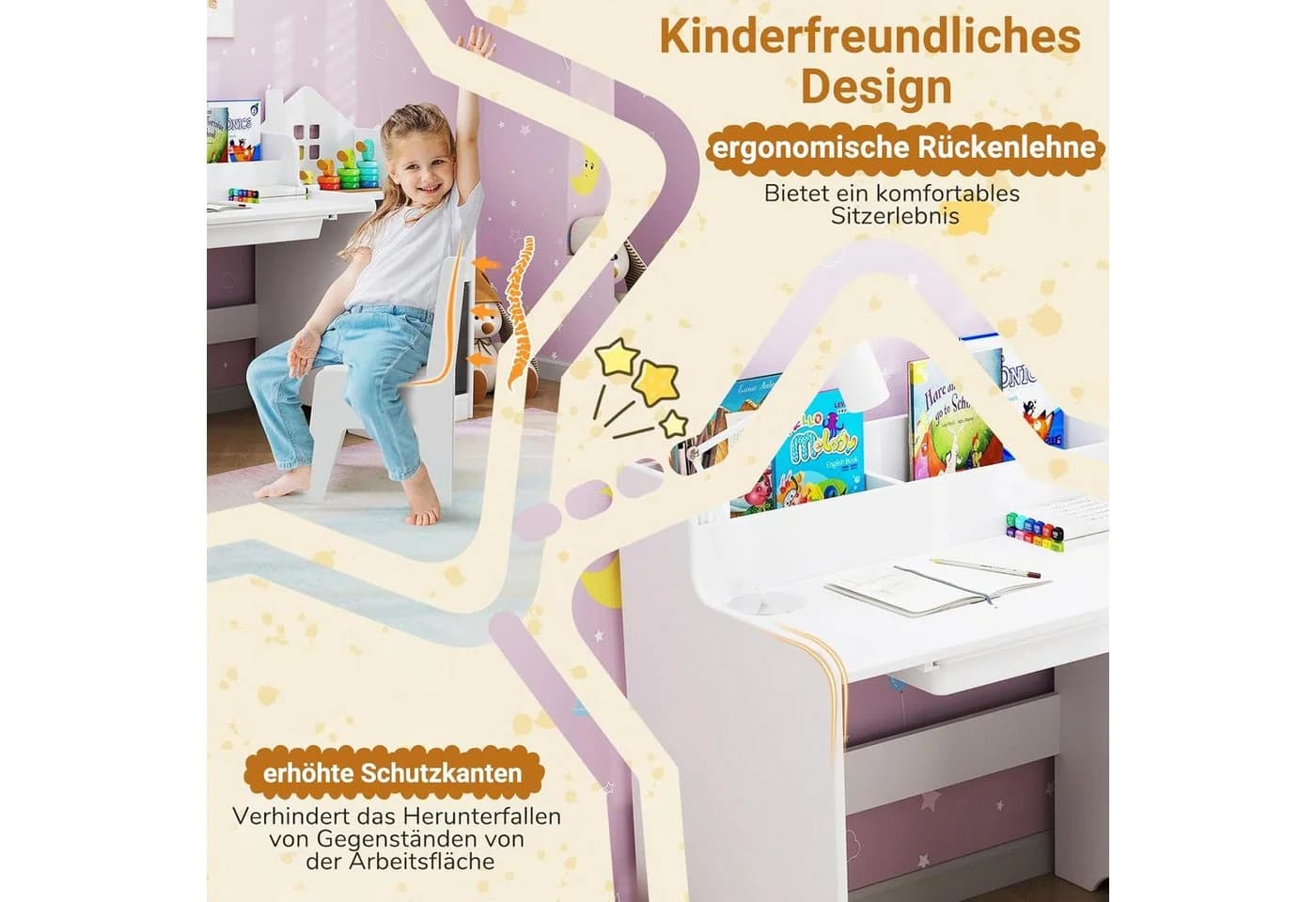 KOMFOTTEU Kinderschreibtisch mit Stuhl, Regalen & Aufbewahrungsfächern - Bild 4