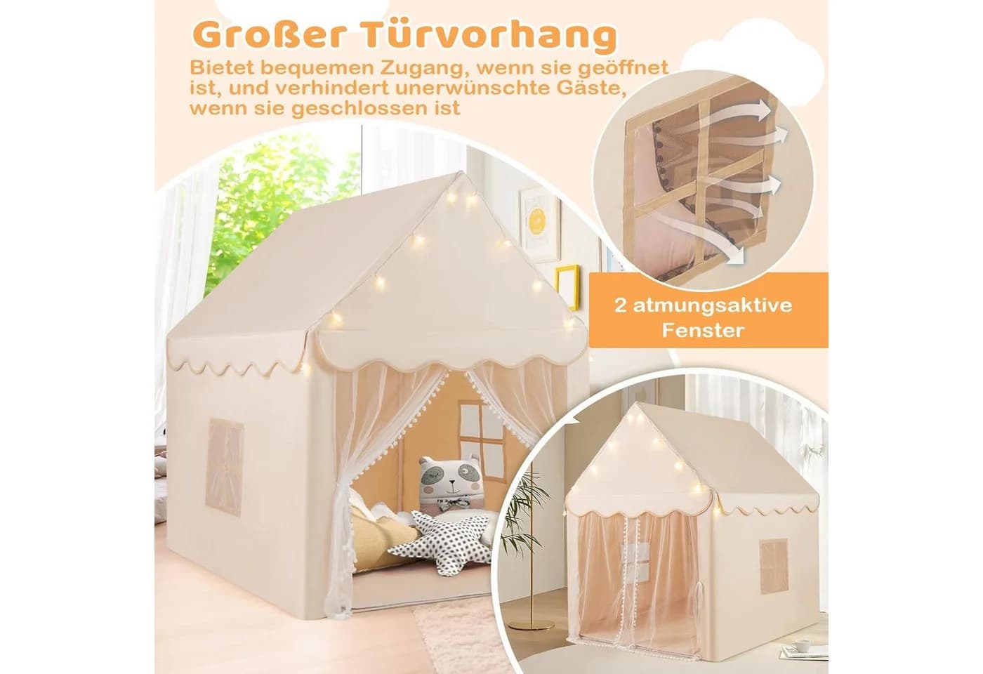 KOMFOTTEU Spielzelt Kinderhauszelt mit Netzfenster Rosa/Grau/Beige