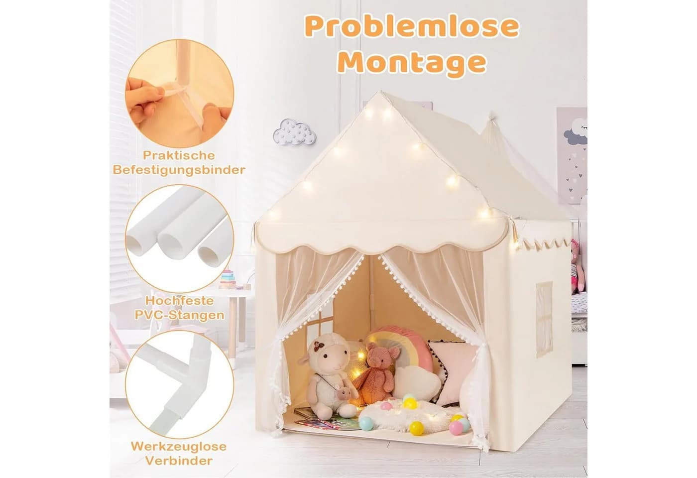 KOMFOTTEU Spielzelt Kinderhauszelt mit Netzfenster Rosa/Grau/Beige - Bild 3