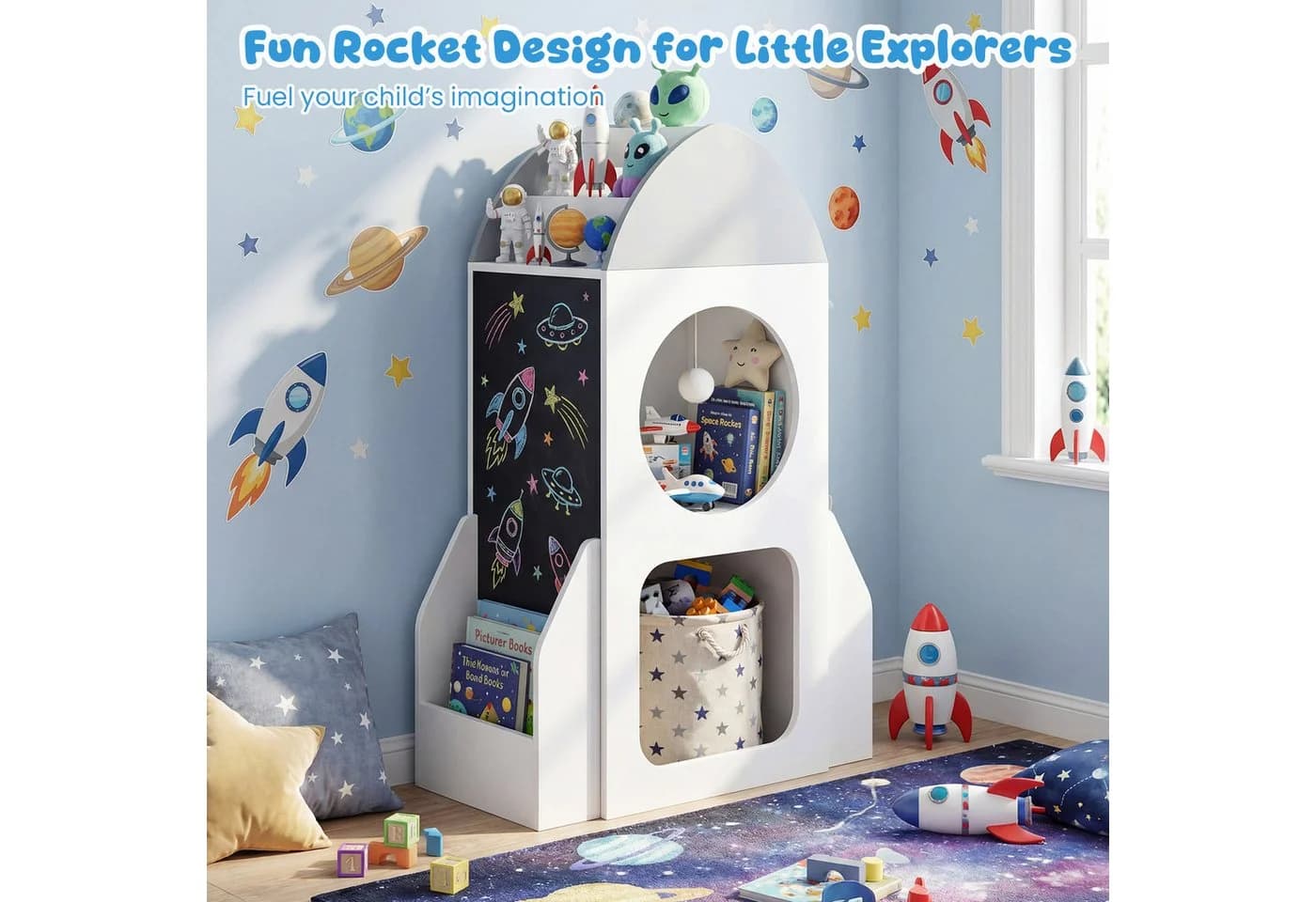 COSTWAY Kinderregal Raketen-Design mit Tafel Grau/Weiß