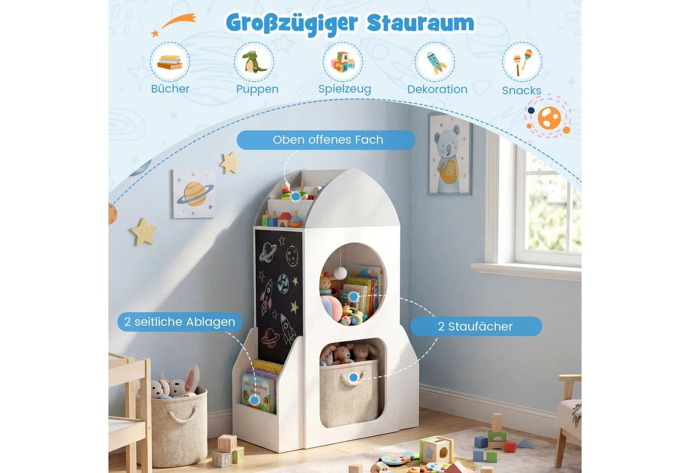 COSTWAY Kinderregal Raketen-Design mit Tafel Grau/Weiß - Bild 4