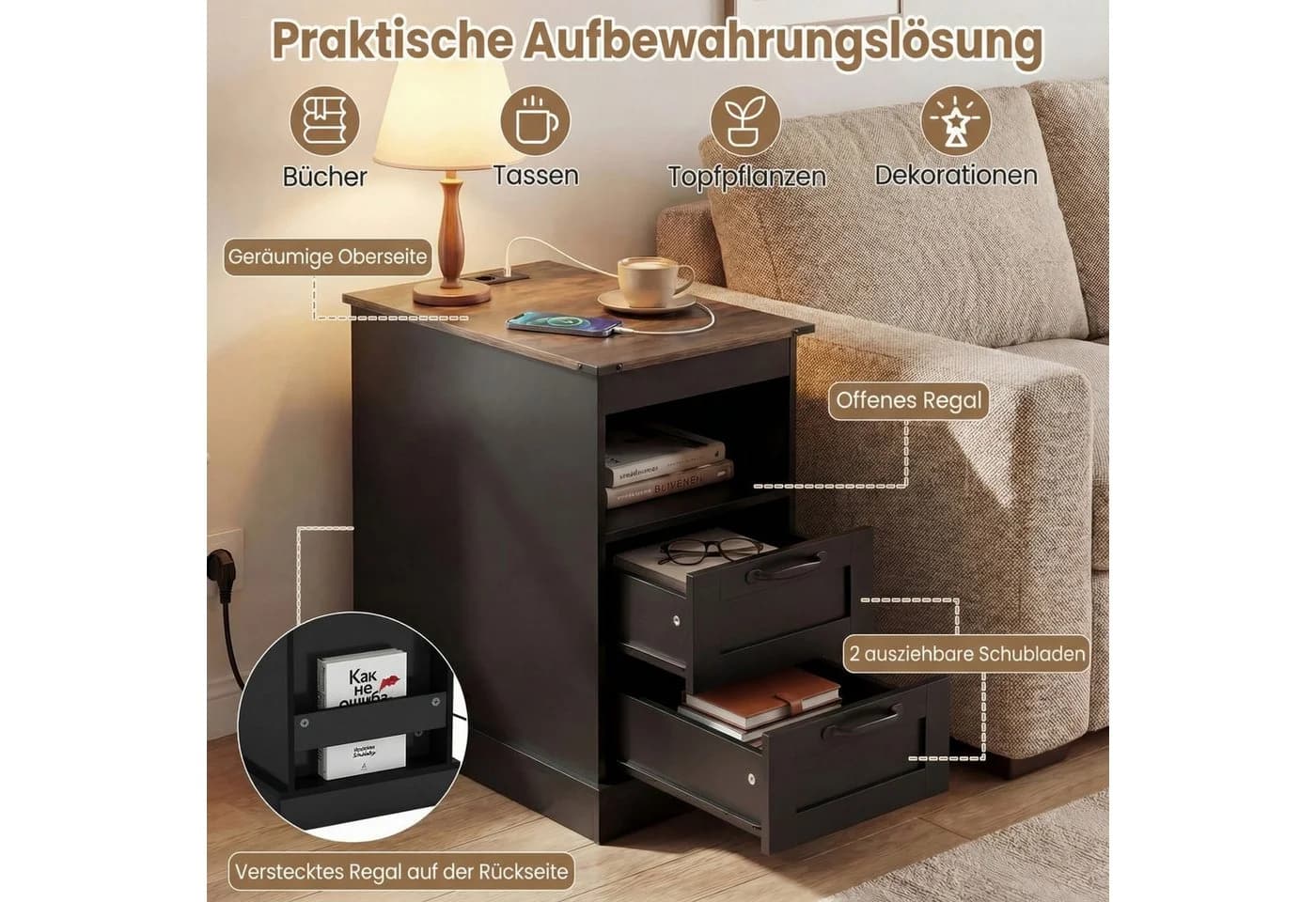 COSTWAY Beistelltisch mit Ladestation und 2 Schubladen Rustikales Braun/Schwarz