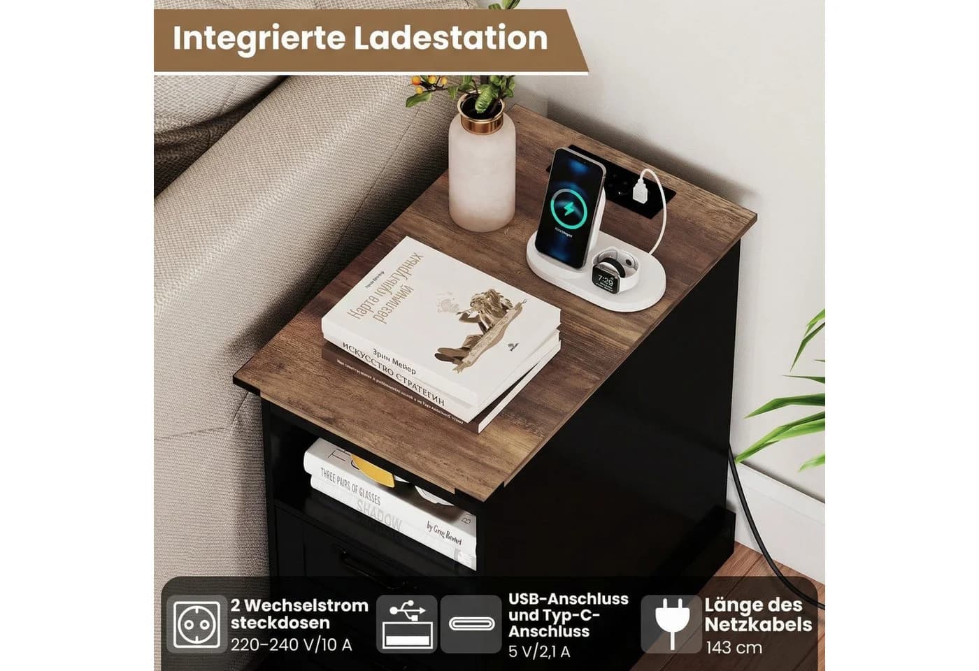 COSTWAY Beistelltisch mit Ladestation und 2 Schubladen Rustikales Braun/Schwarz - Bild 3