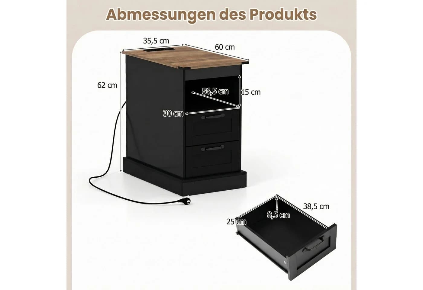 COSTWAY Beistelltisch mit Ladestation und 2 Schubladen Rustikales Braun/Schwarz - Bild 5