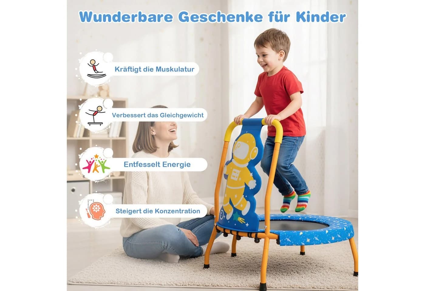 COSTWAY Kindertrampolin Blau/Orange mit Griff & Randabdeckung - Bild 4