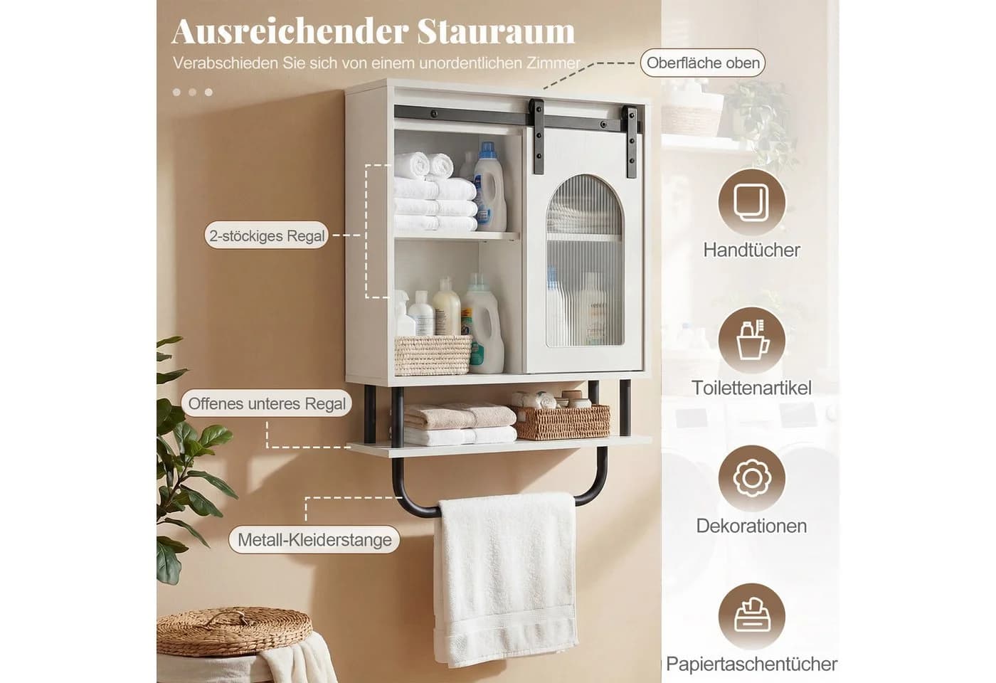 COSTWAY Hängeschrank Badschrank mit Schiebetür Weiß Schwarz - Bild 3