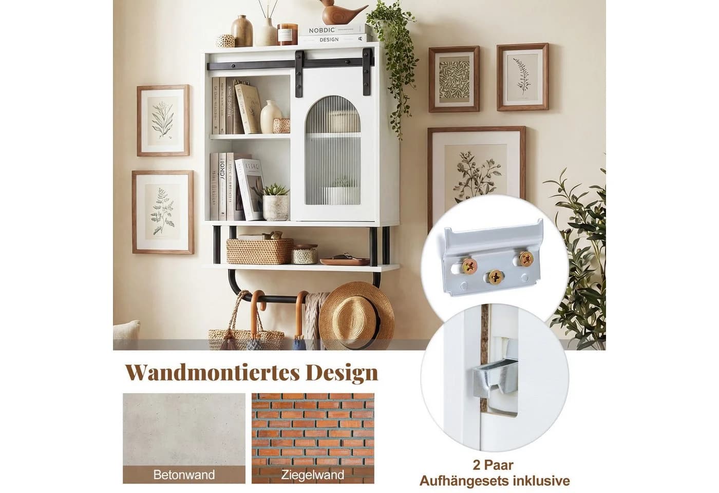 COSTWAY Hängeschrank Badschrank mit Schiebetür Weiß Schwarz - Bild 4