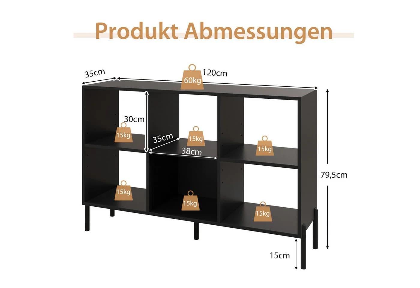 COSTWAY Bücherregal 6 Fächer Schwarz Verstellbar - Bild 3