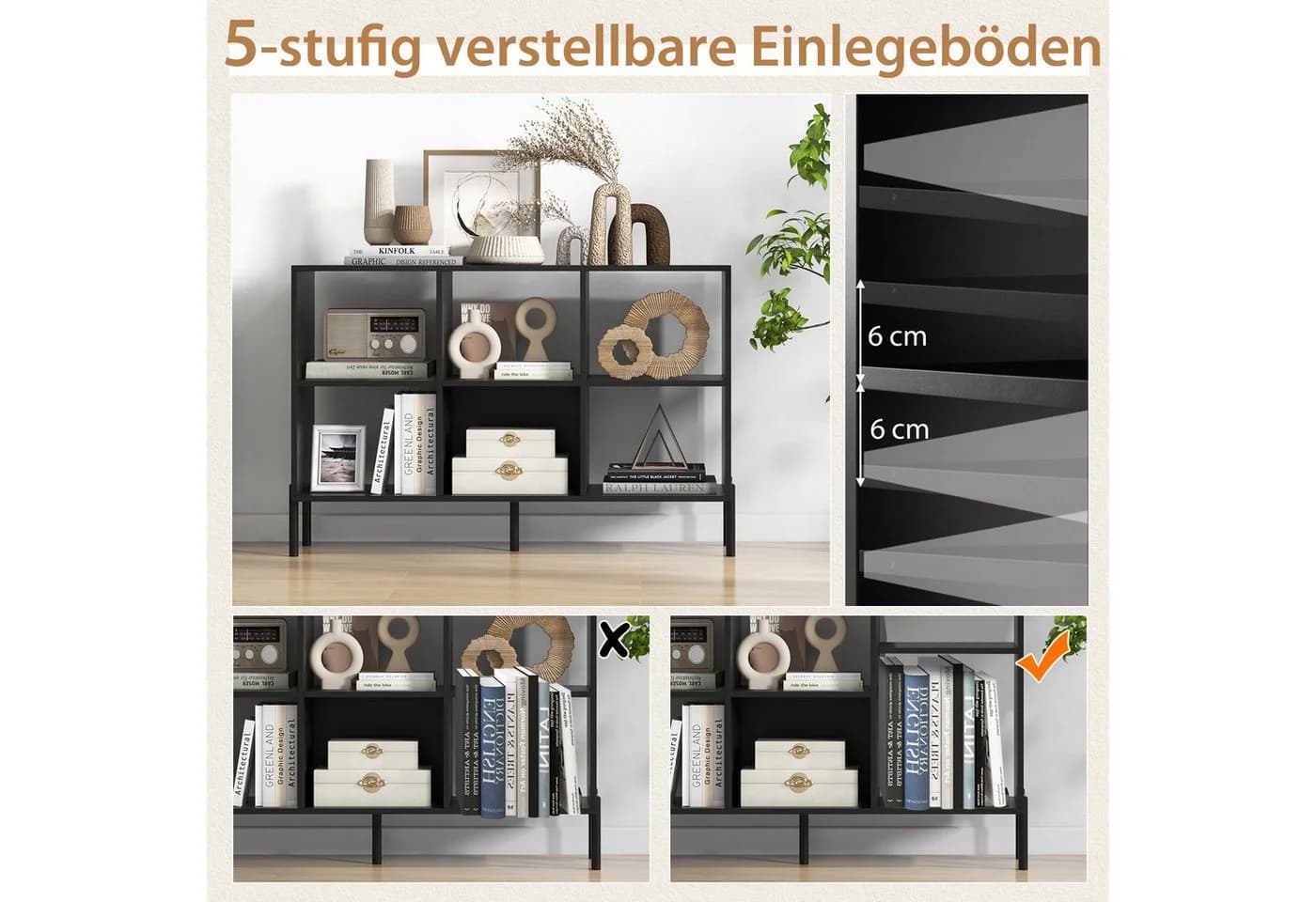 COSTWAY Bücherregal 6 Fächer Schwarz Verstellbar - Bild 4