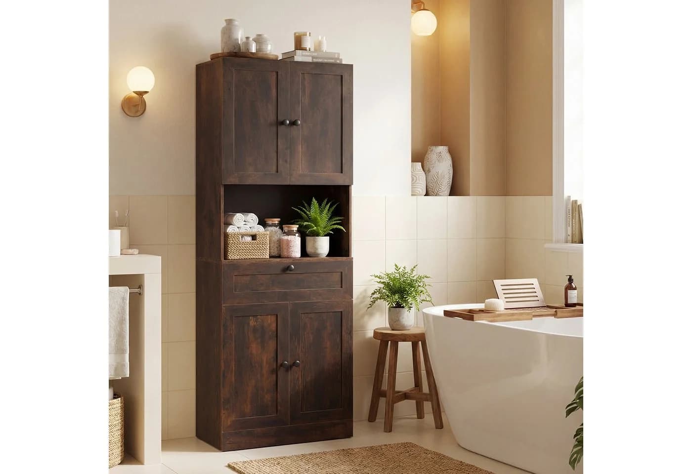 COSTWAY Badkommode Hochschrank 60x35x171,5cm Rustikal Braun