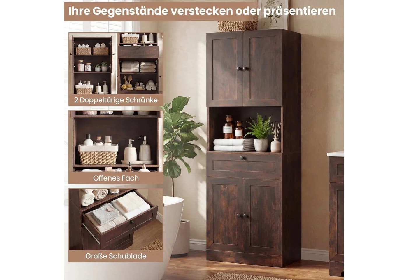 COSTWAY Badkommode Hochschrank 60x35x171,5cm Rustikal Braun - Bild 4