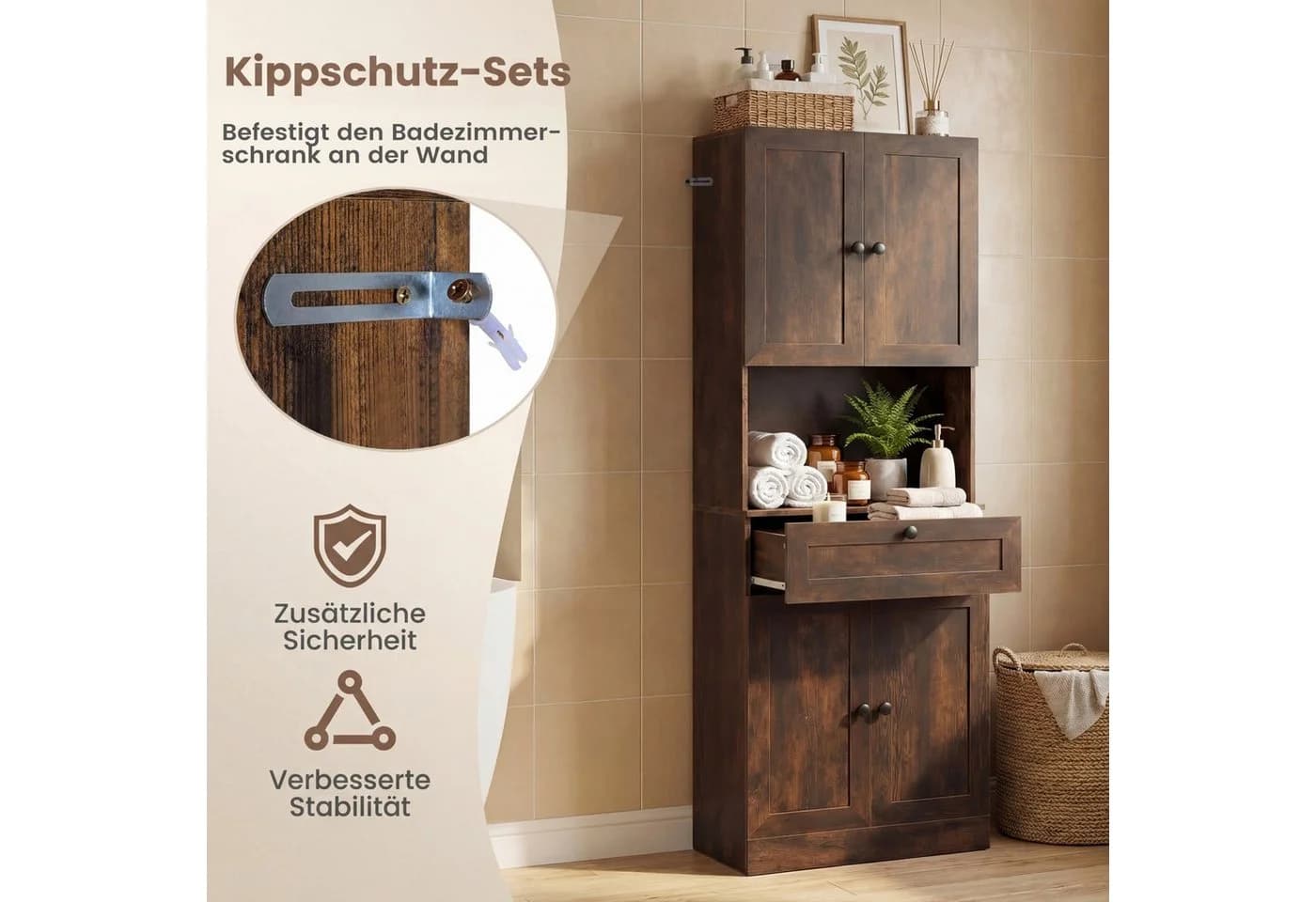 COSTWAY Badkommode Hochschrank 60x35x171,5cm Rustikal Braun - Bild 5