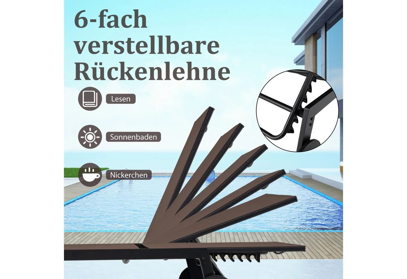 COSTWAY Gartenliege 2-tlg. mit Tisch, verstellbar, Rollen, Braun