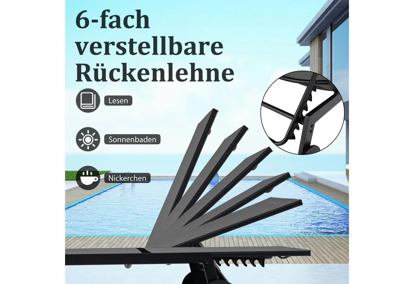 COSTWAY Gartenliege-Set 2 St. Verstellbar mit Tisch, Rollen