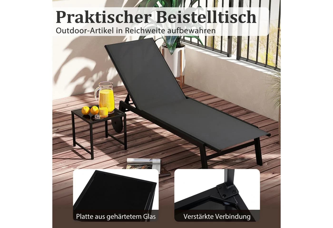 COSTWAY Gartenliege-Set 2 St. Verstellbar mit Tisch, Rollen - Bild 4