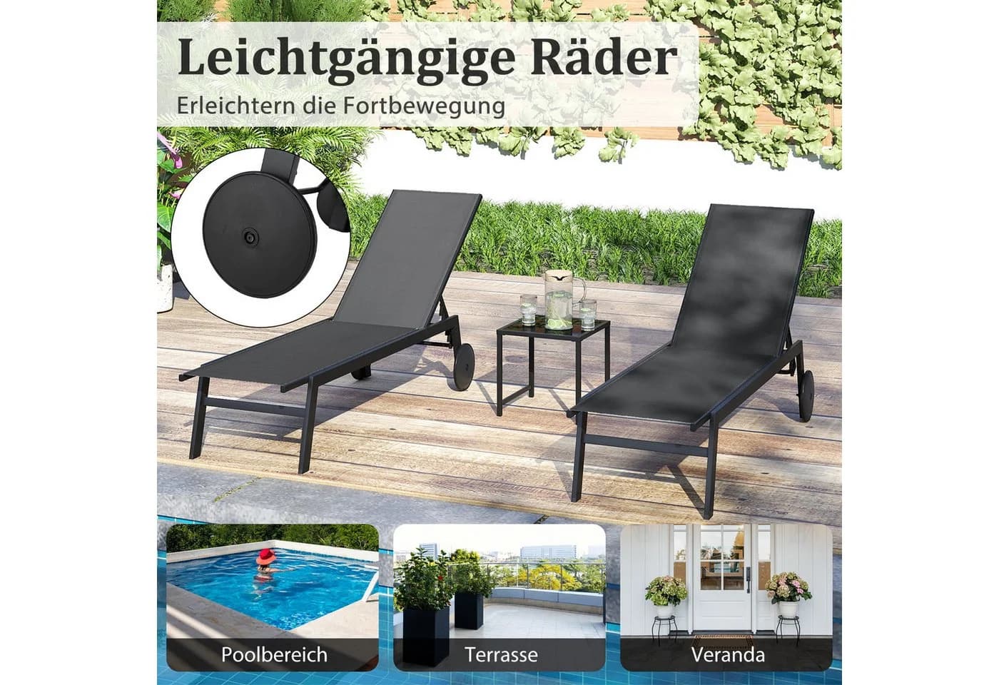 COSTWAY Gartenliege-Set 2 St. Verstellbar mit Tisch, Rollen - Bild 5