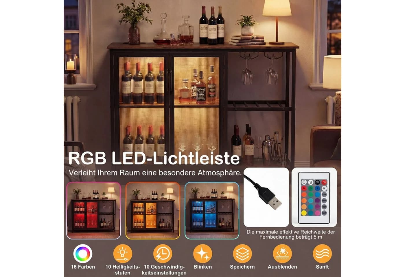 COSTWAY Weinschrank mit LED & Steckdosen 110cm