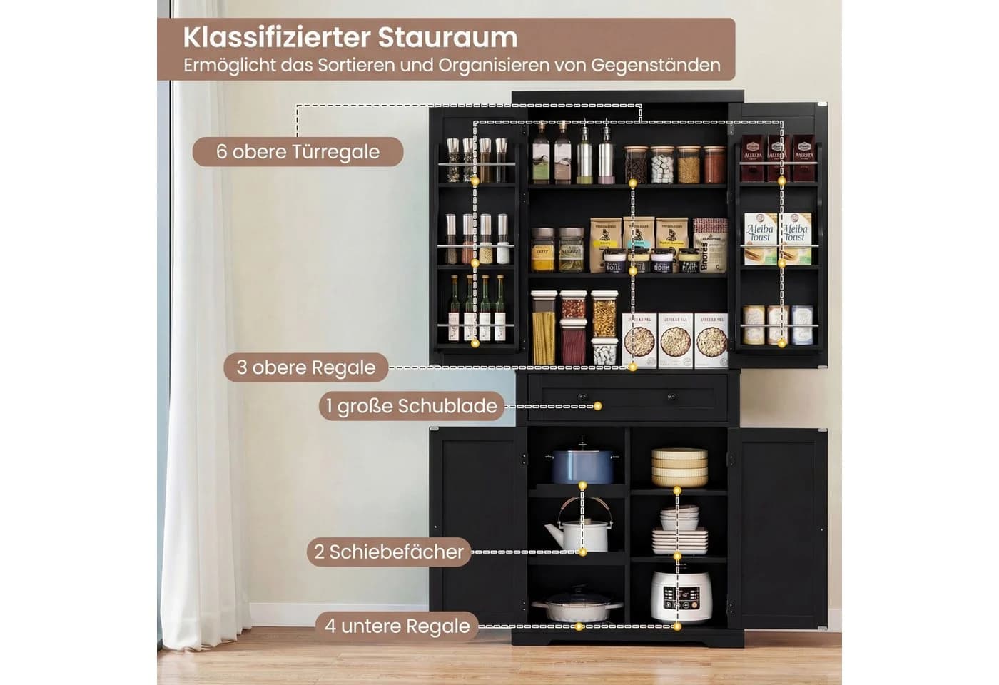 COSTWAY Vorratsschrank Küchenbuffet Hochschrank Weiß mit Schiebetabletts - Bild 3