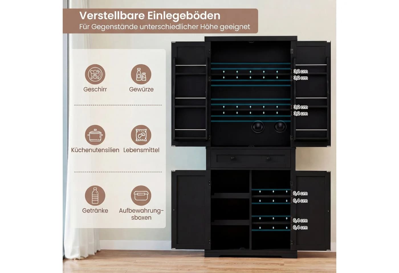 COSTWAY Vorratsschrank Küchenbuffet Hochschrank Weiß mit Schiebetabletts - Bild 4