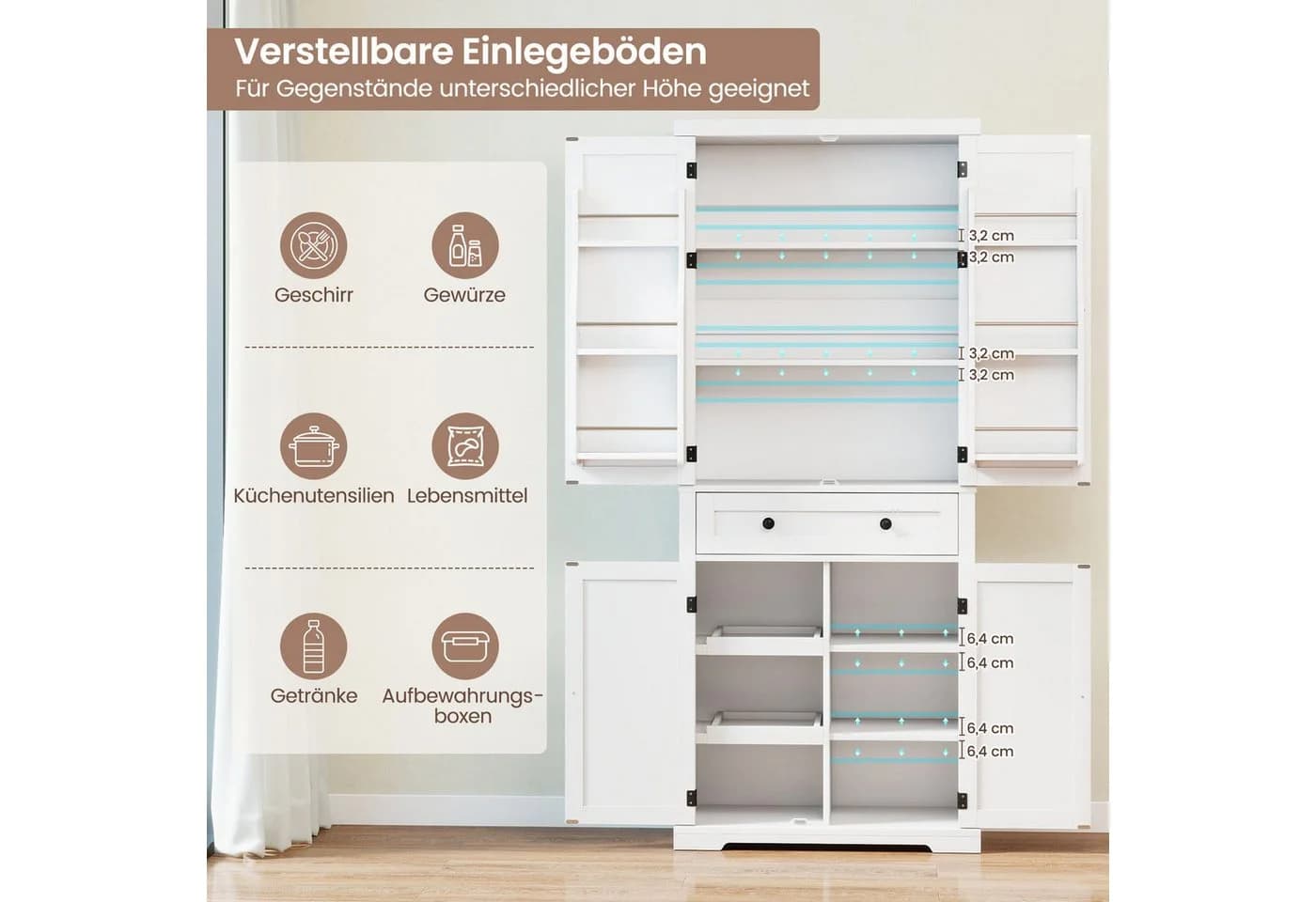COSTWAY Vorratsschrank Küchenbuffet Hochschrank Weiß mit Schiebetabletts - Bild 4