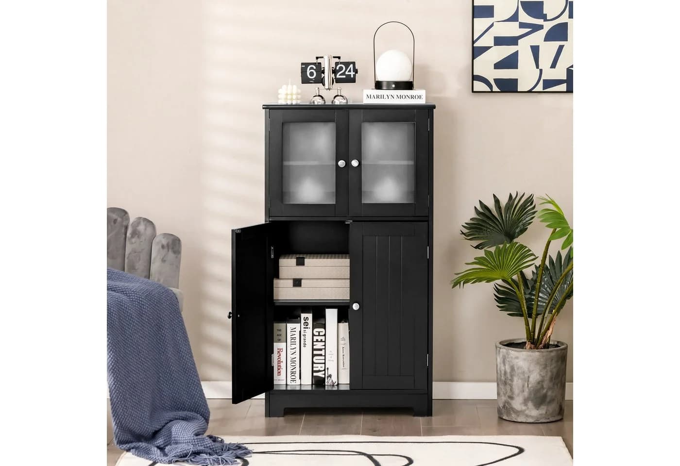 COSTWAY Mehrzweckschrank 4-türig Weiß/Grau mit verstellbarem Regal - Bild 3