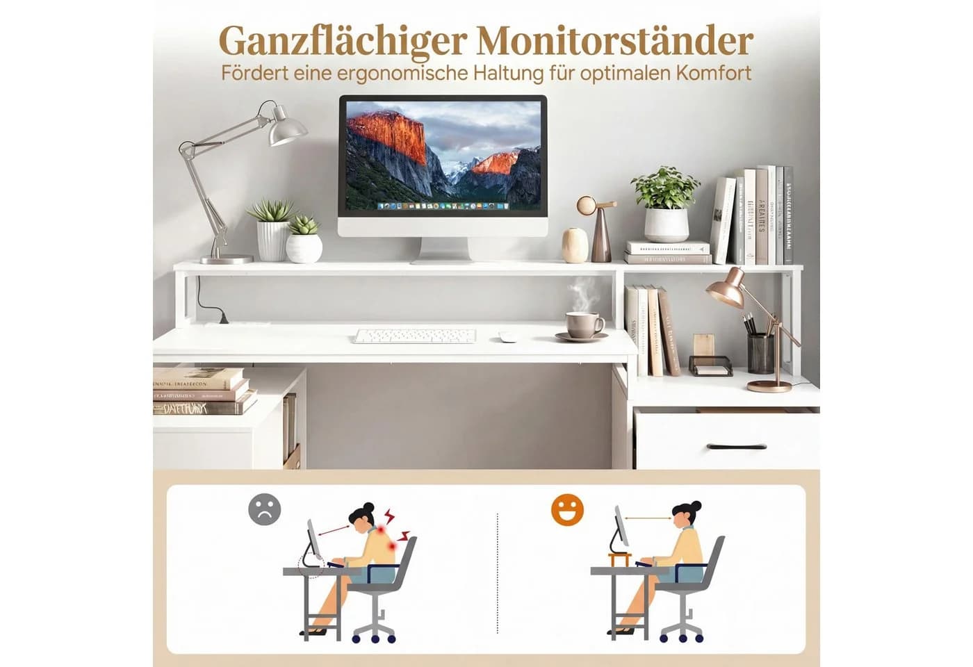 COSTWAY Eckschreibtisch L-förmig Weiß mit Schubladen & Steckdosen - Bild 4