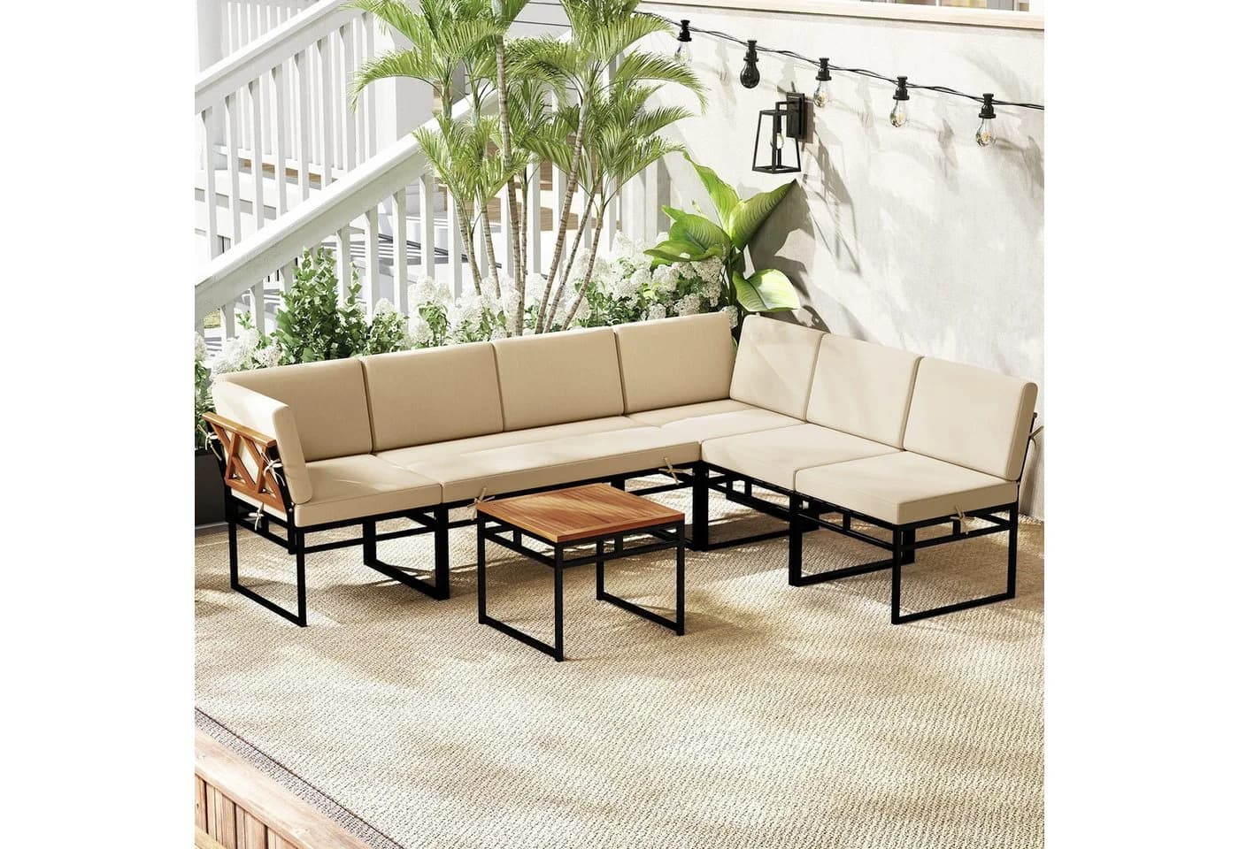COSTWAY Gartenlounge-Set 6-tlg. Beige Akazienholz Metall