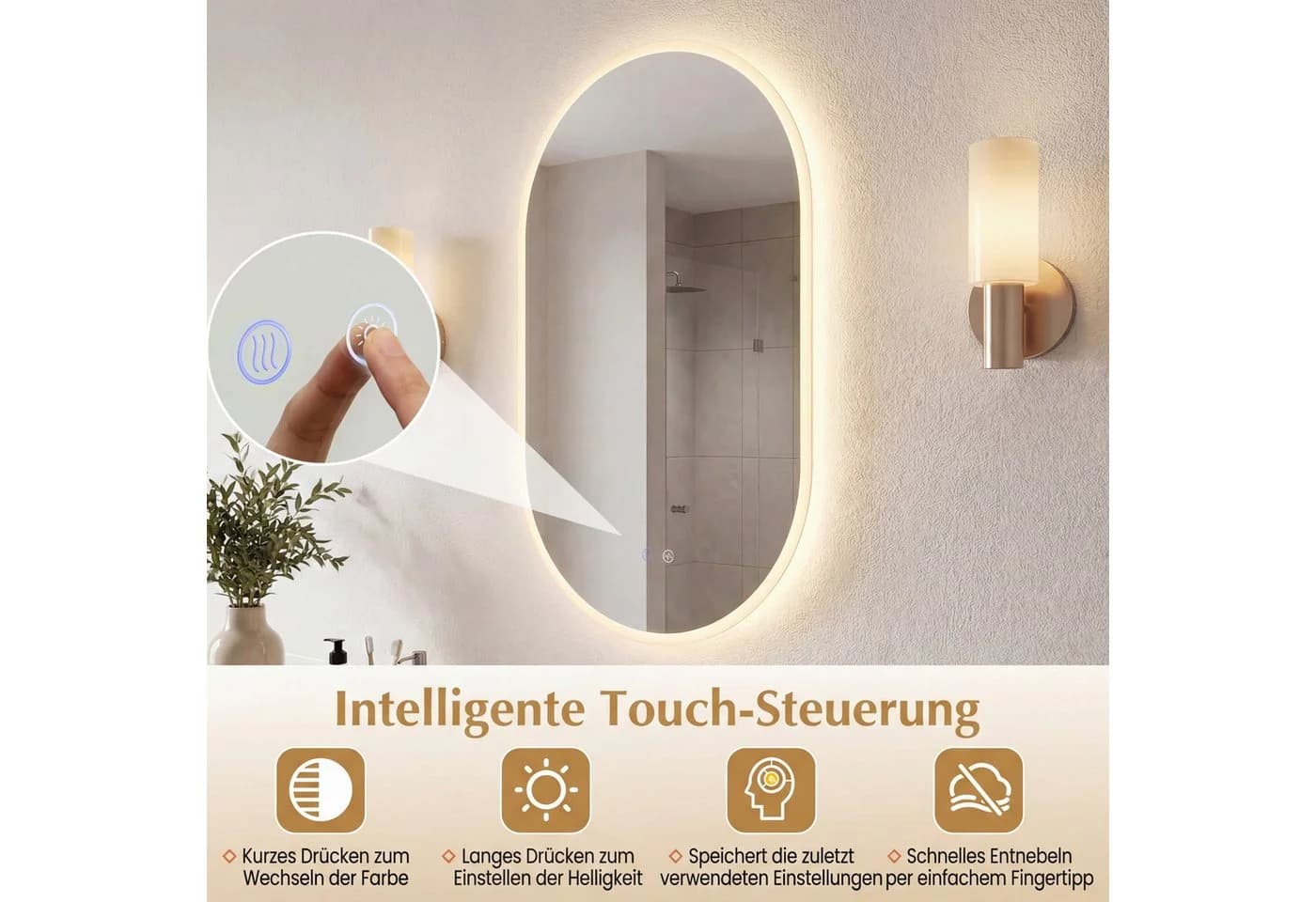 COSTWAY Badspiegel Oval mit LED-Rücklicht und Anti-Beschlag Silber - Bild 4