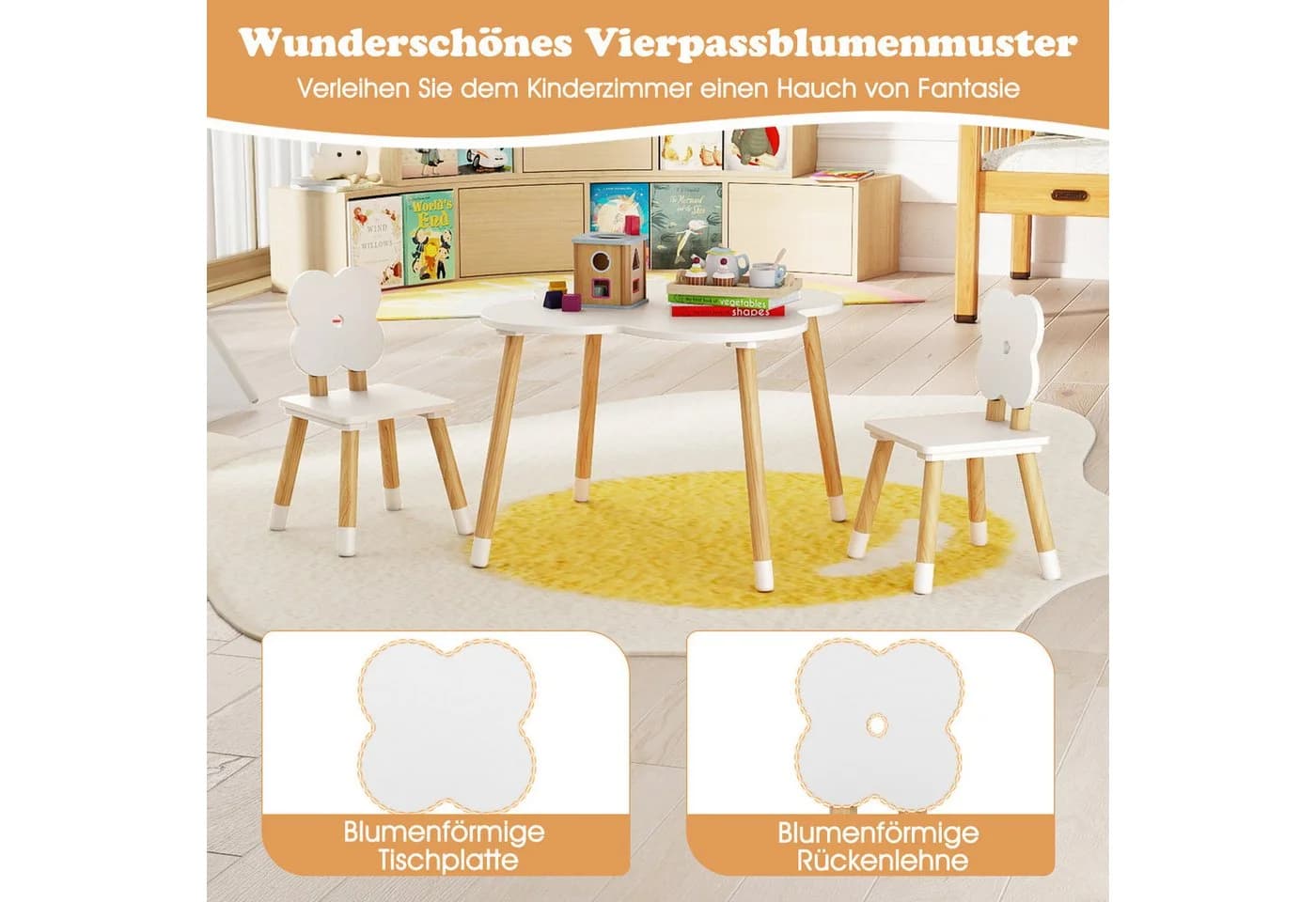 COSTWAY Kindersitzgruppe 3-tlg. Kindertisch-Set Blumenform Weiß/Natur