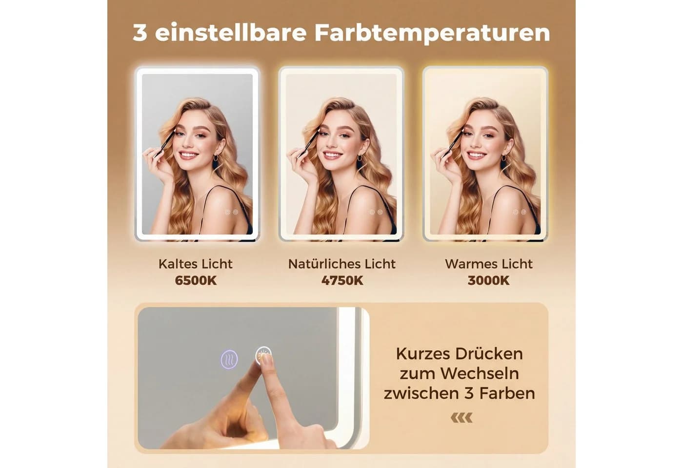COSTWAY Badspiegel mit LED Beleuchtung & Touch, Anti-Beschlag, Silber - Bild 3
