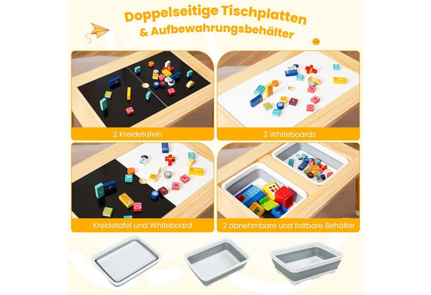 COSTWAY Kindersitzgruppe 3-tlg. Spieltisch mit Hockern & Behältern Weiß