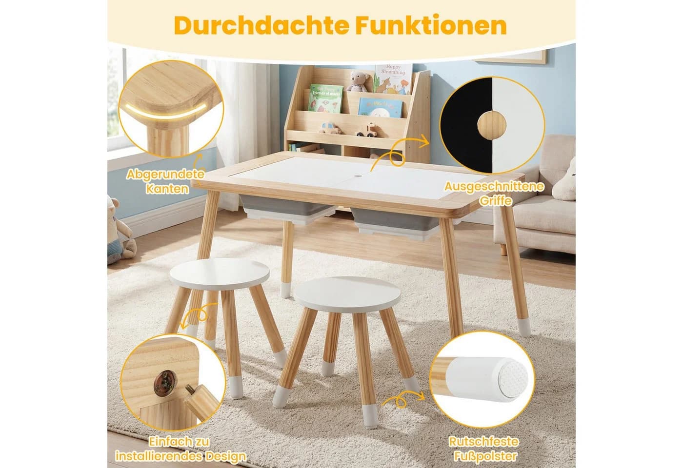 COSTWAY Kindersitzgruppe 3-tlg. Spieltisch mit Hockern & Behältern Weiß - Bild 5