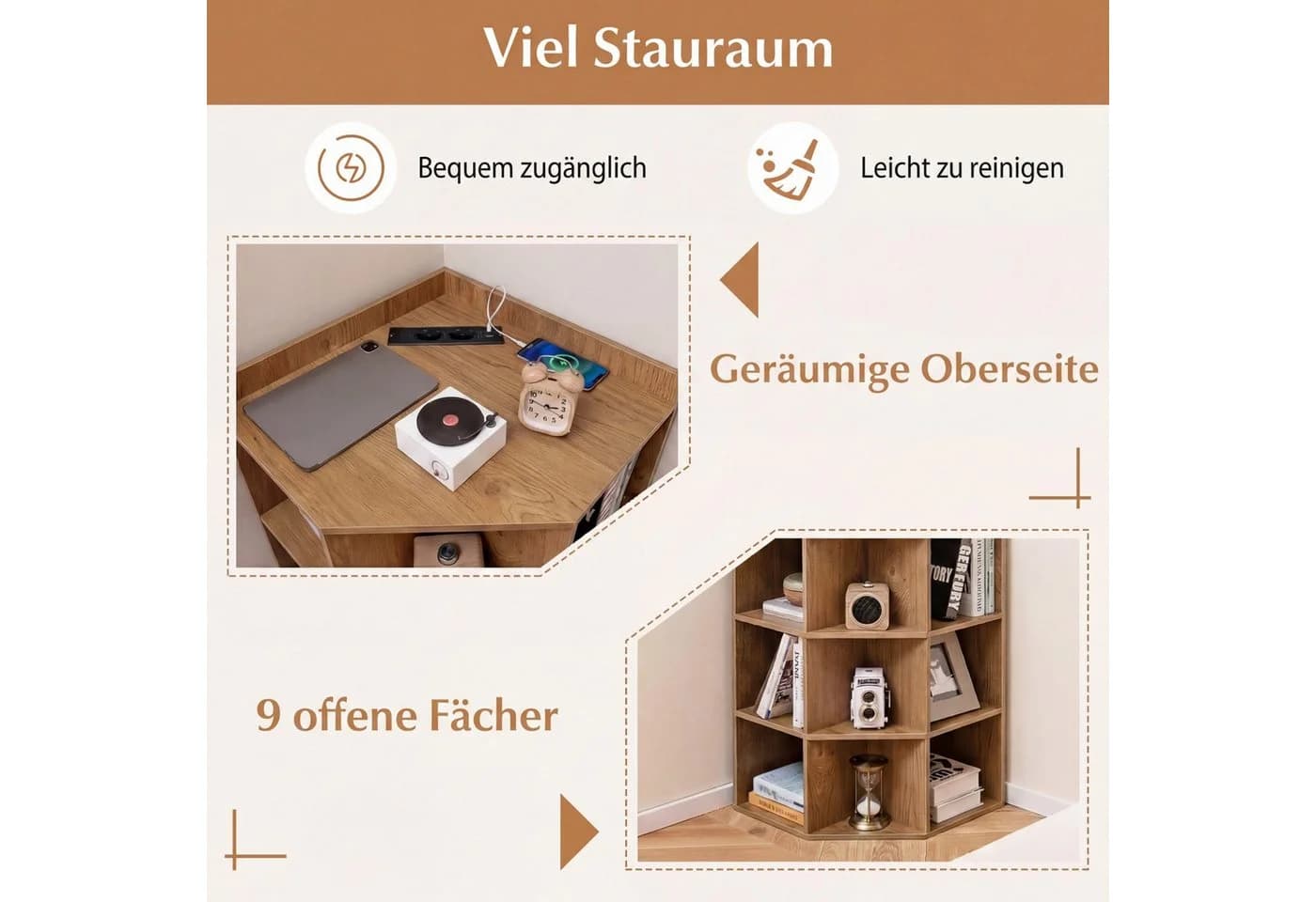 COSTWAY Eckregal mit 9 Fächern und Ladestation Natur - Bild 4