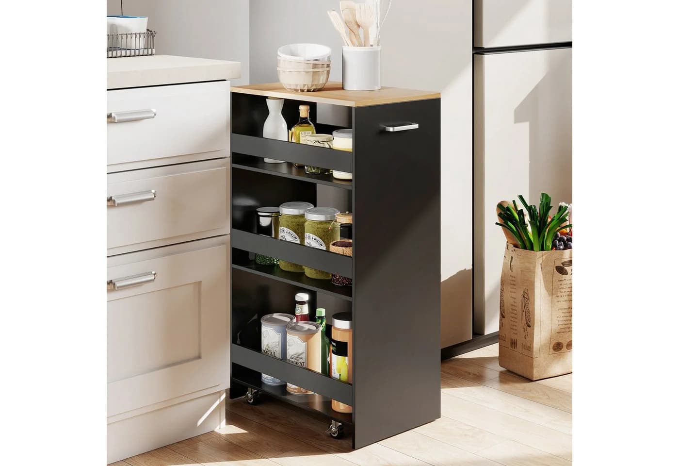 COSTWAY Küchenwagen Nischenwagen 30cm auf Rollen Braun/Schwarz