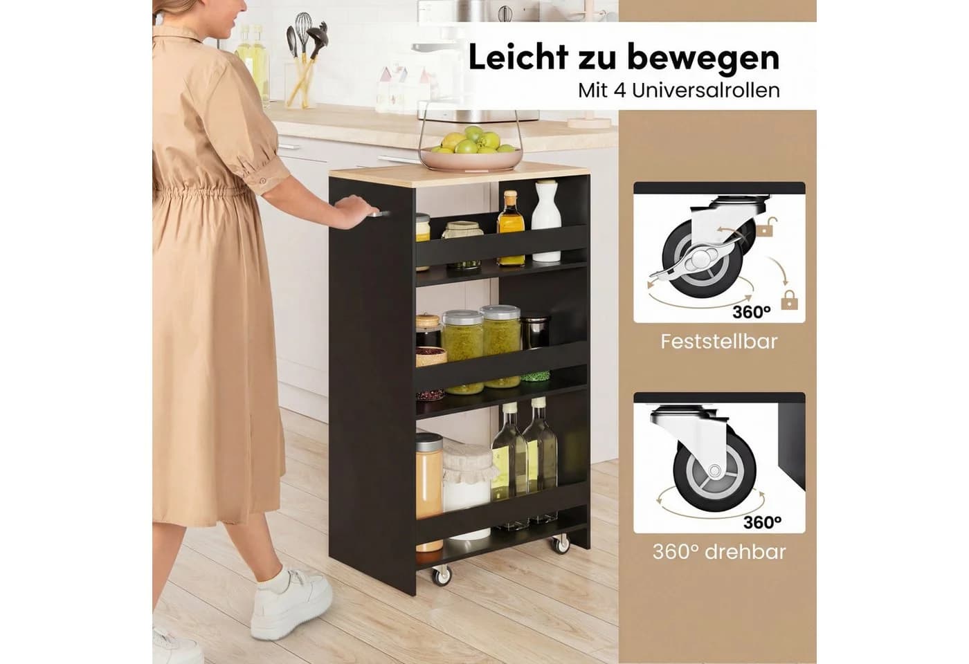 COSTWAY Küchenwagen Nischenwagen 30cm auf Rollen Braun/Schwarz - Bild 3