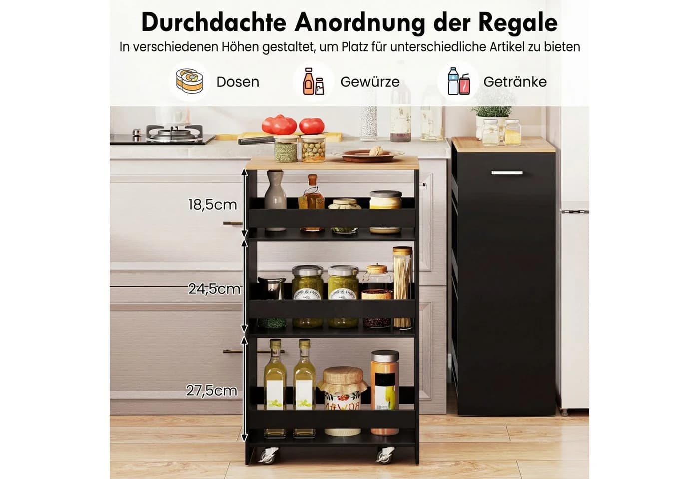 COSTWAY Küchenwagen Nischenwagen 30cm auf Rollen Braun/Schwarz - Bild 4