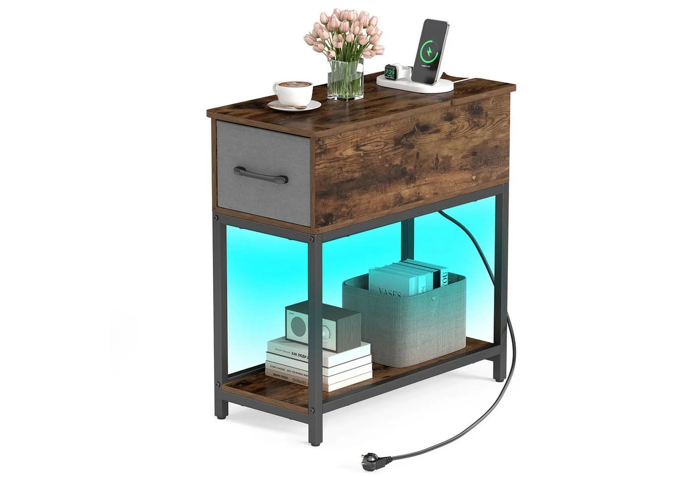 COSTWAY Beistelltisch mit LED und Ladestation, Nachttisch schmal, Rustikal Braun - Bild 2