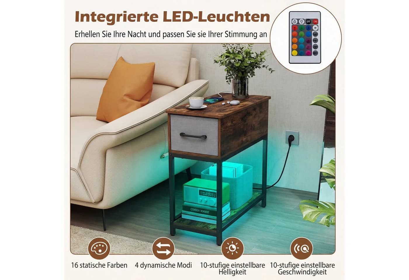 COSTWAY Beistelltisch mit LED und Ladestation, Nachttisch schmal, Rustikal Braun - Bild 4