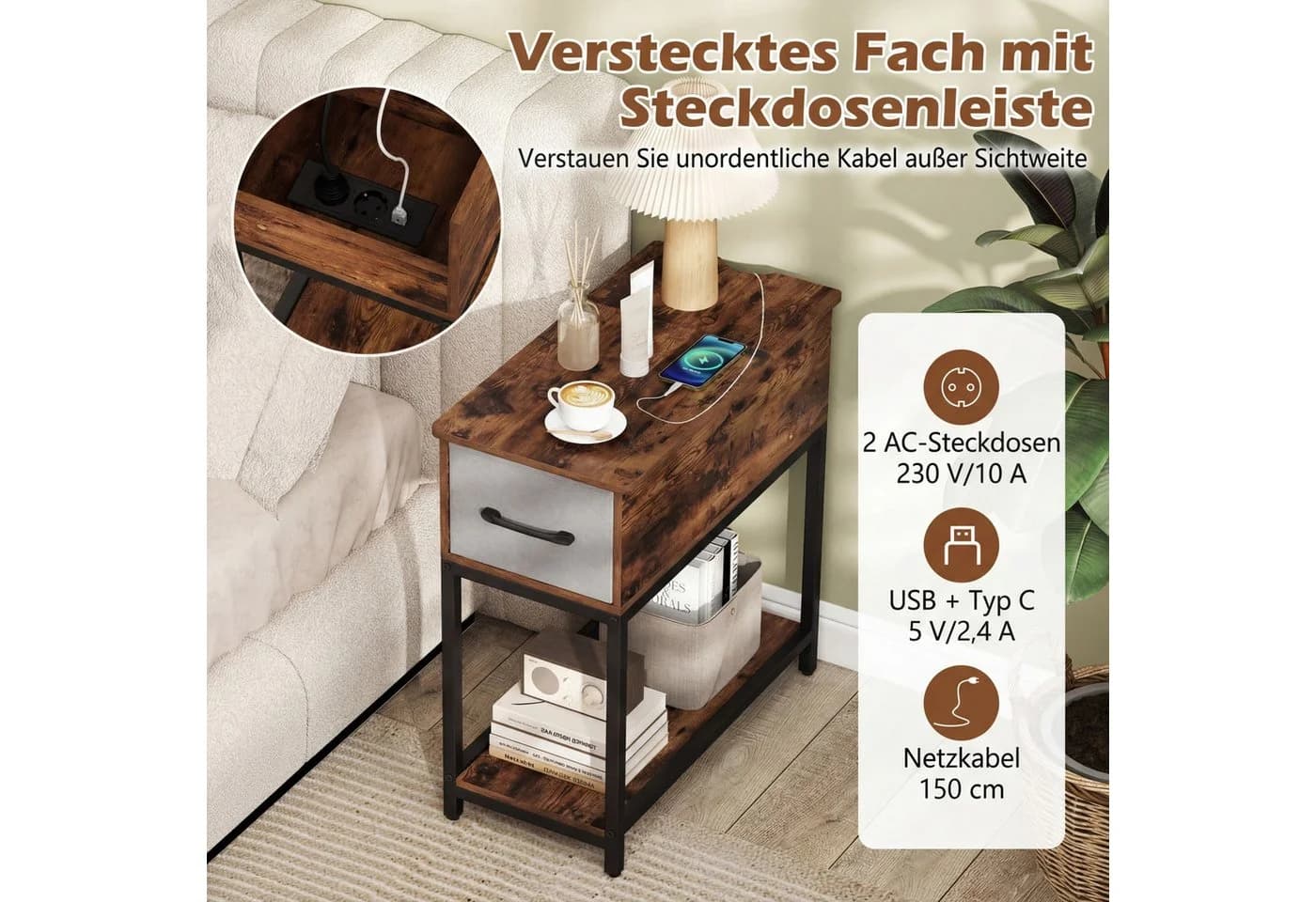 COSTWAY Beistelltisch mit LED und Ladestation, Nachttisch schmal, Rustikal Braun - Bild 5