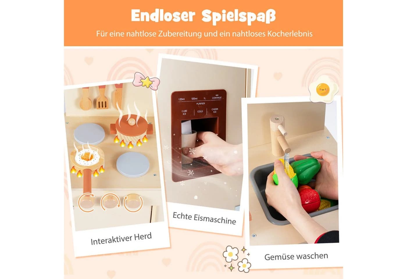 COSTWAY Spielküche Holz Gelb mit Eismaschine & Zubehör - Bild 3