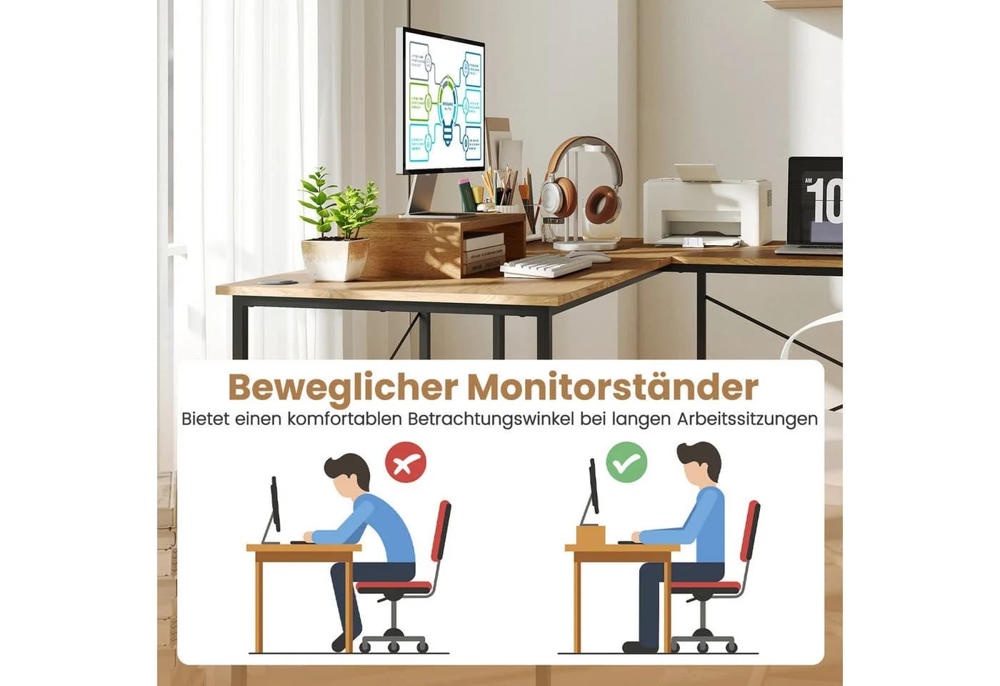 COSTWAY Reversibler Eckschreibtisch L-Form Natur mit Kabellöchern - Bild 3
