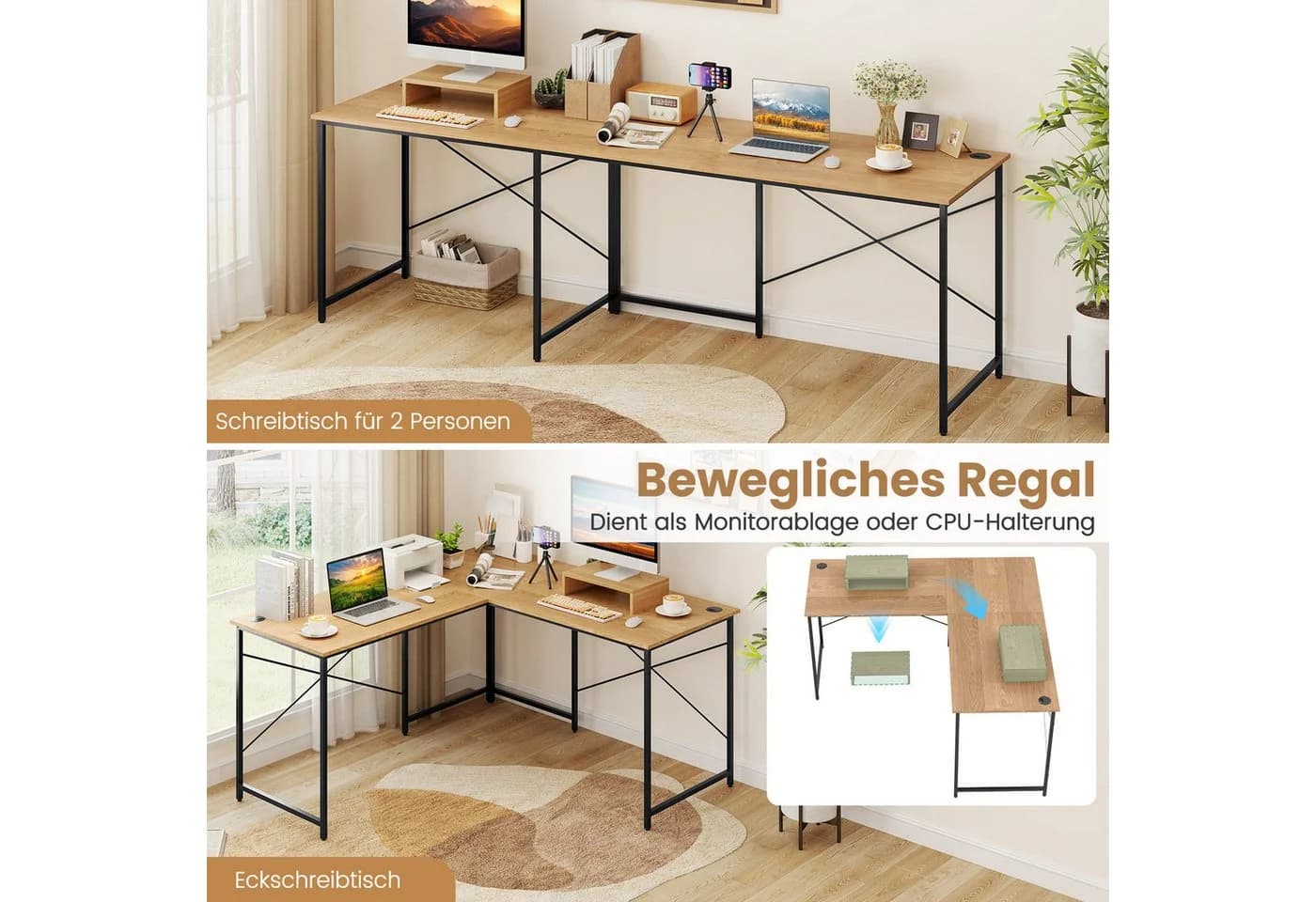 COSTWAY Reversibler Eckschreibtisch L-Form Natur mit Kabellöchern - Bild 4
