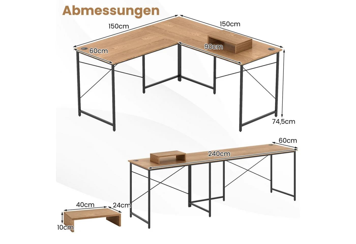 COSTWAY Reversibler Eckschreibtisch L-Form Natur mit Kabellöchern - Bild 5