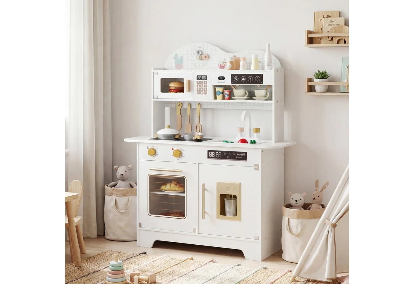 COSTWAY Spielküche Holz Weiß/Rosa Mit Stauraum Backofen Eismaschine