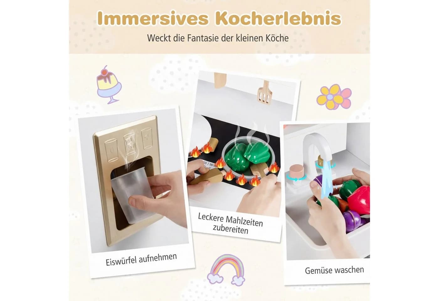 COSTWAY Spielküche Holz Weiß/Rosa Mit Stauraum Backofen Eismaschine - Bild 4