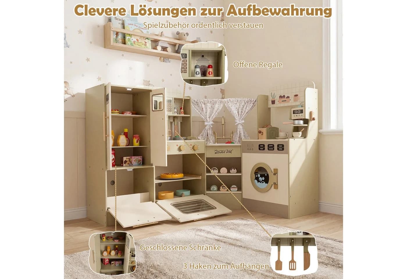 COSTWAY Spielküche Holz Grün mit Wasserhahn, Geschirrspüler & 21 Zubehörteilen